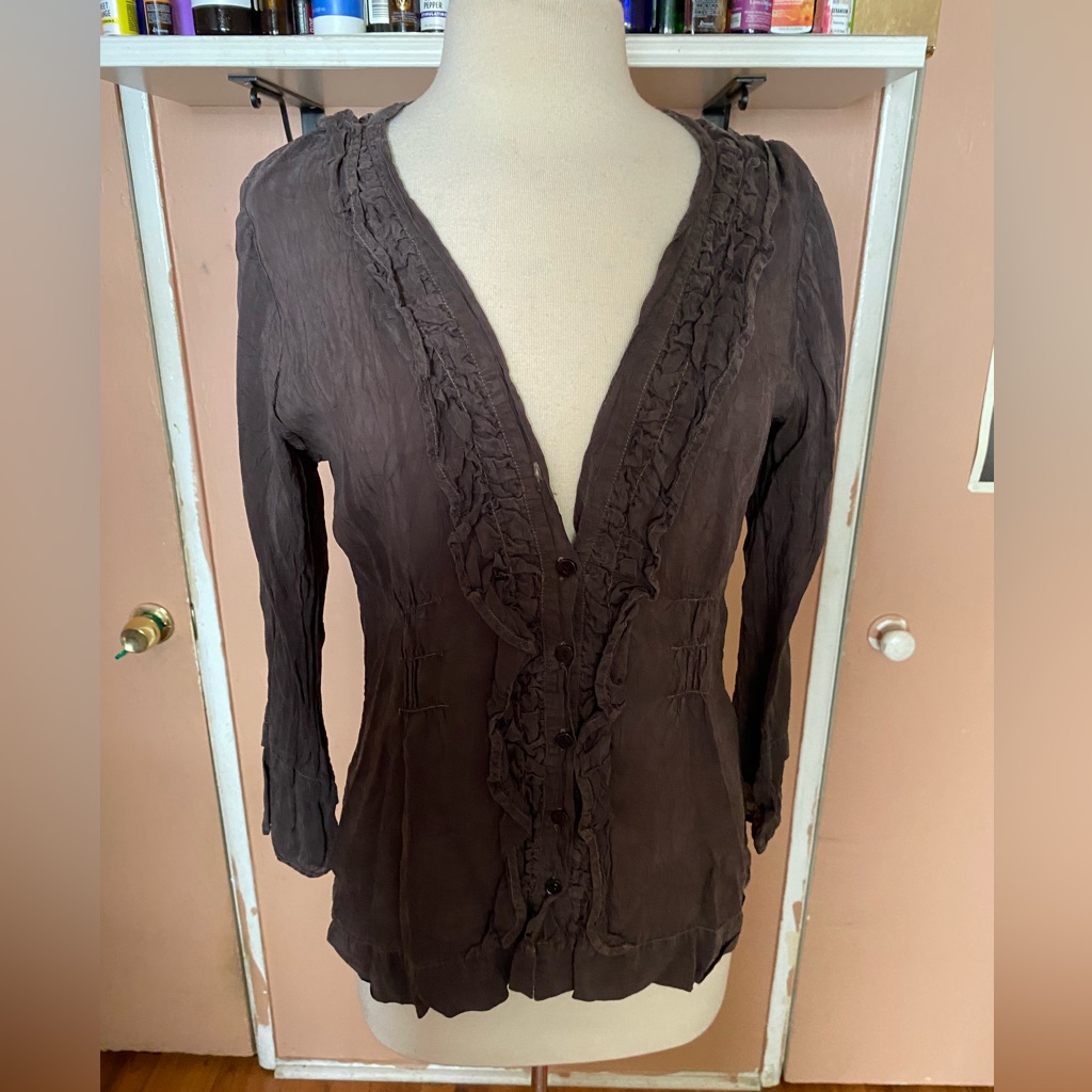 Johnny Was Long Sleeve Blouse Ruffle Size Medium Gray